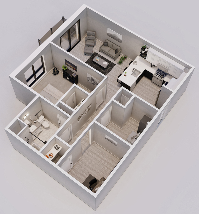 Floor plan for 1 bed, 1 bath, 864 sqft